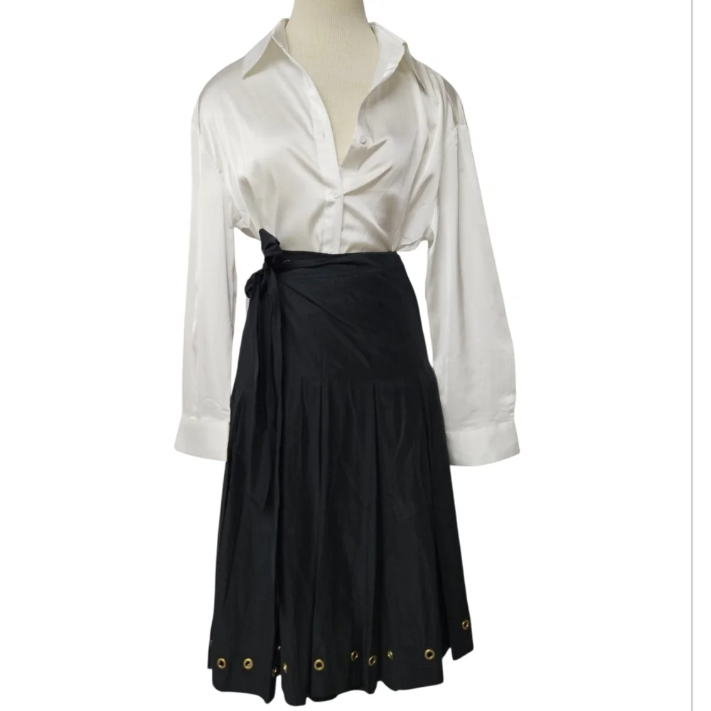 Nicole Farhi Pleated Cotton Silk Wrap Skirt With Grommets In Slate And Gold Sz 6